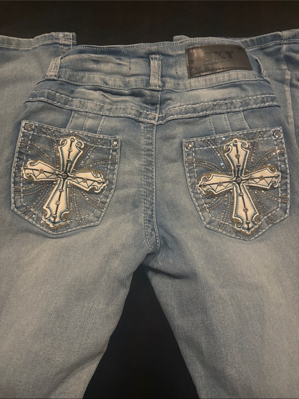 Sky Women’s Light Blue Boot Cut Jeans with Triple Decorative Buttons